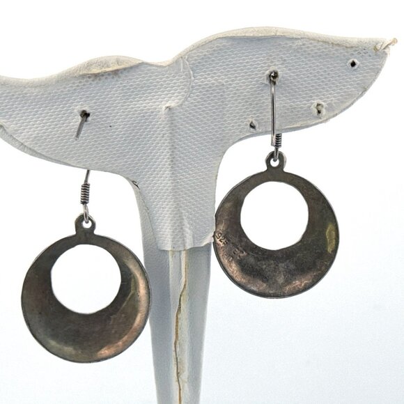 Vintage Sterling Silver 925 Mexico Abalone Inlay Dangle Hoop Earrings 9.7g - Picture 3 of 8